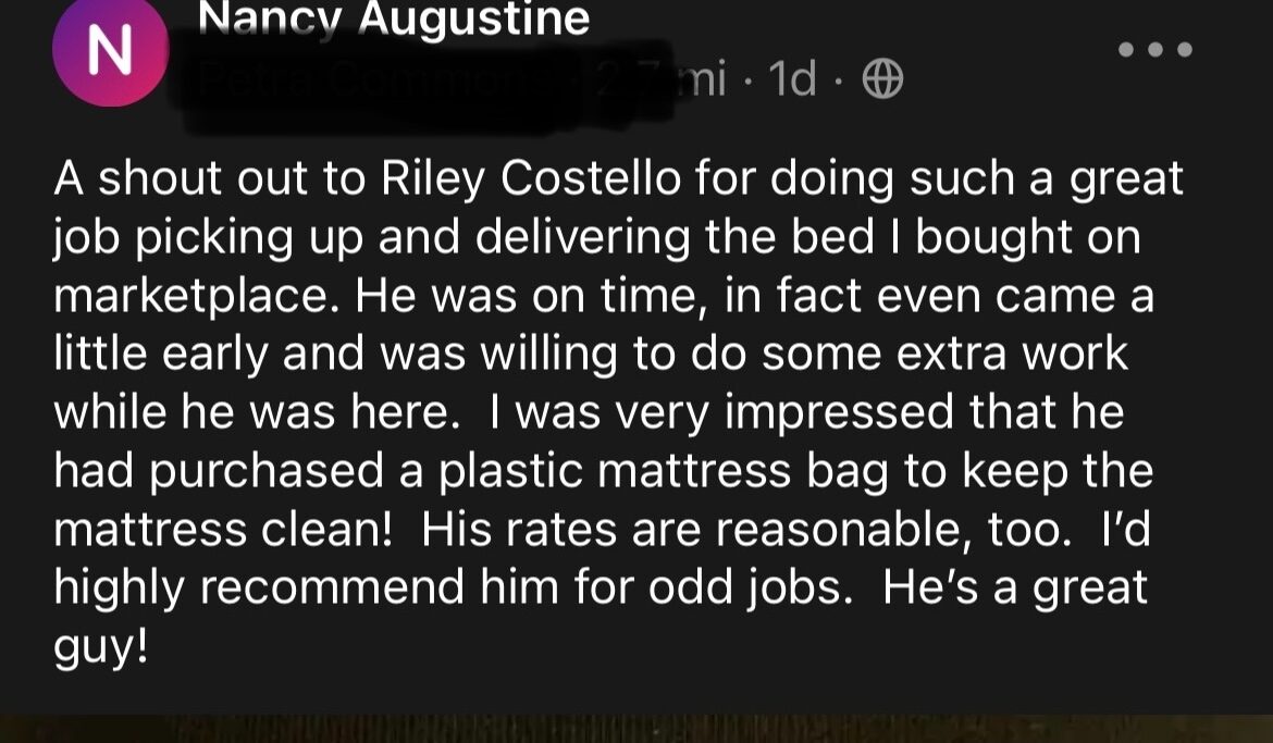 Five-star customer review of Riley Costello Hauling
