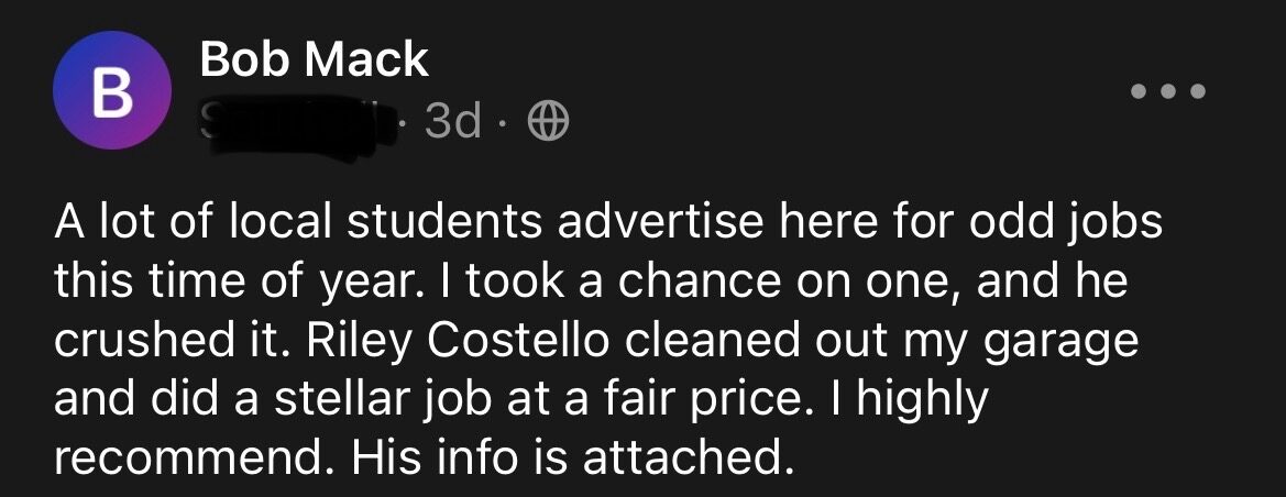 Five-star customer review of Riley Costello Hauling
