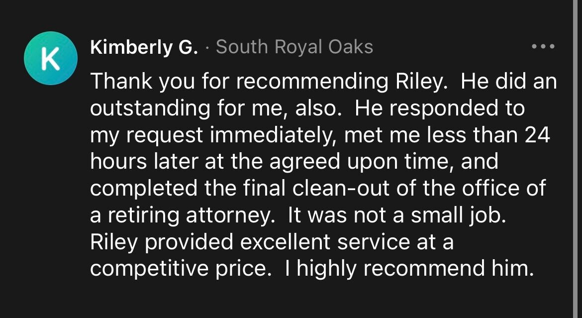 Five-star customer review of Riley Costello Hauling