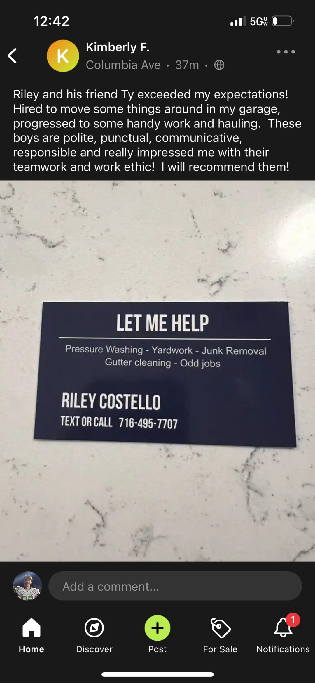 Five-star customer review of Riley Costello Hauling