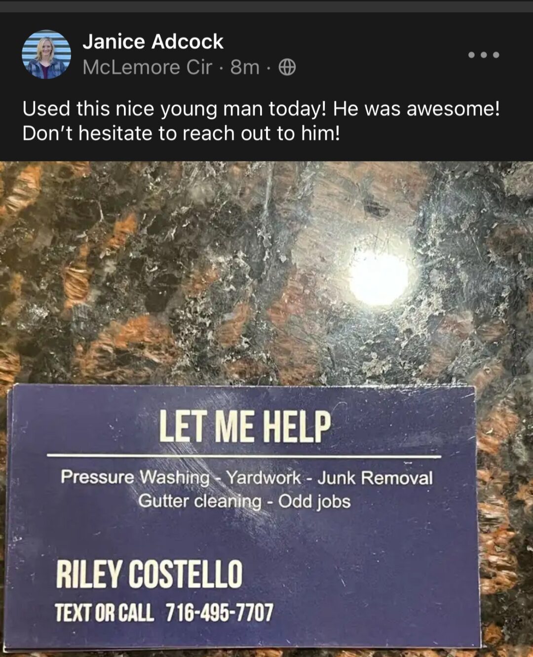 Five-star customer review of Riley Costello Hauling
