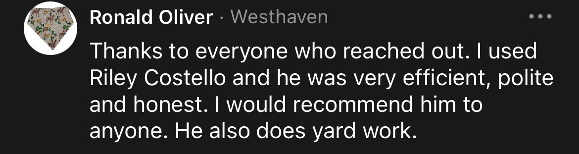 Five-star customer review of Riley Costello Hauling