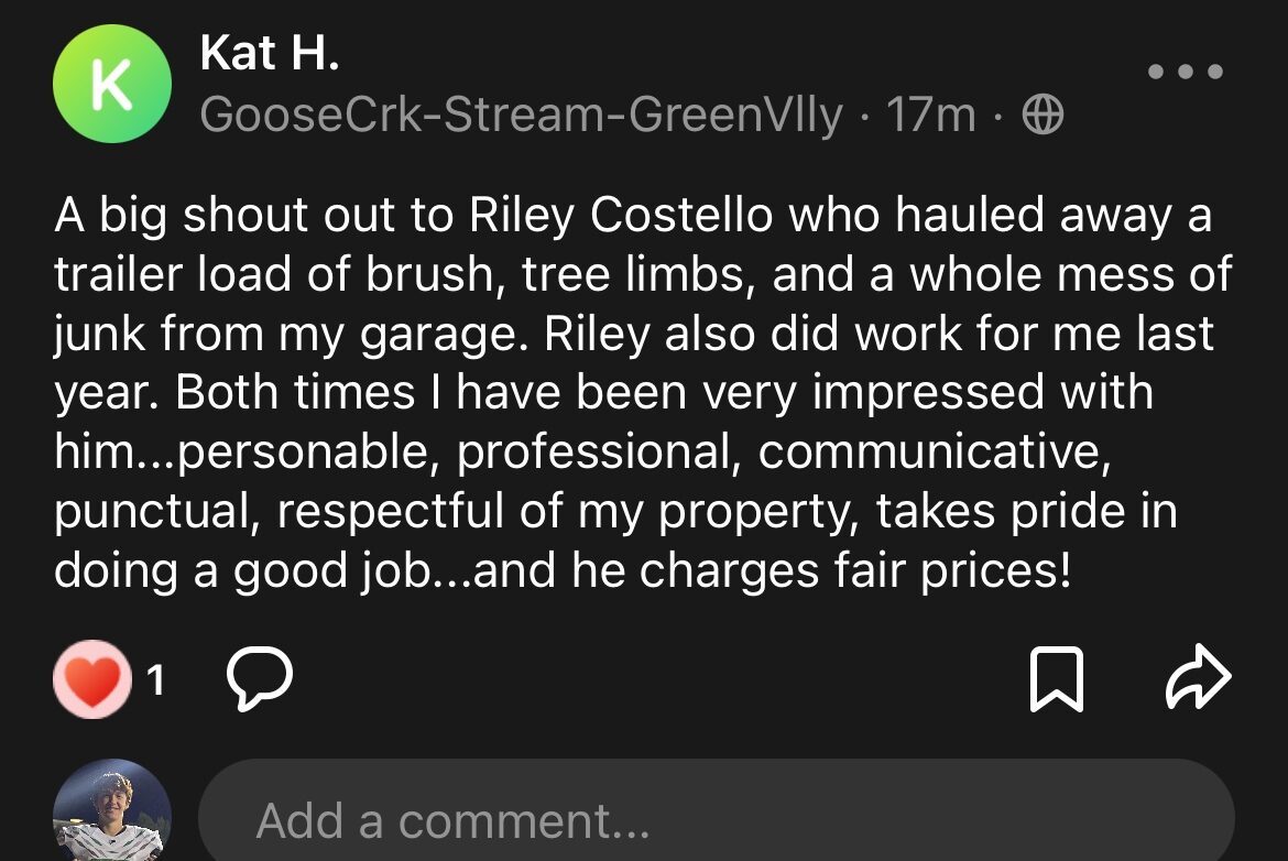 Five-star customer review of Riley Costello Hauling