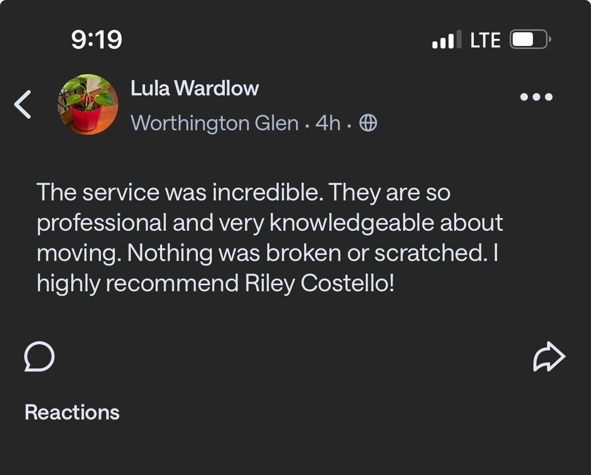 Five-star customer review of Riley Costello Hauling