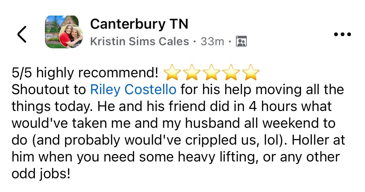 Five-star customer review of Riley Costello Hauling